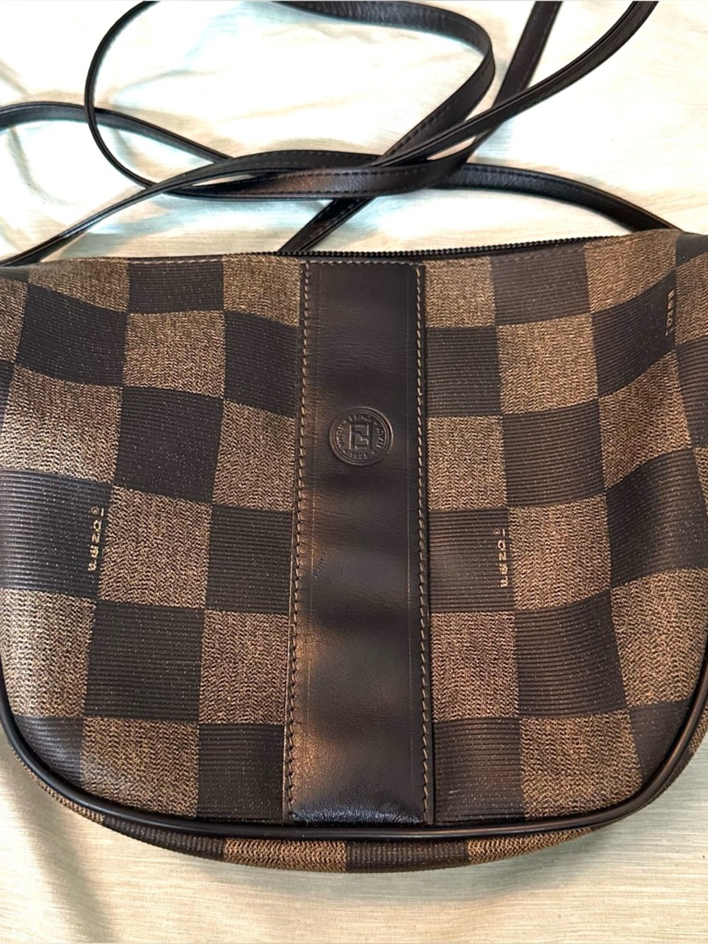 Vintage Fendi Pequin Black & Brown Checkerboard Crossbody Bag Purse Long Strap